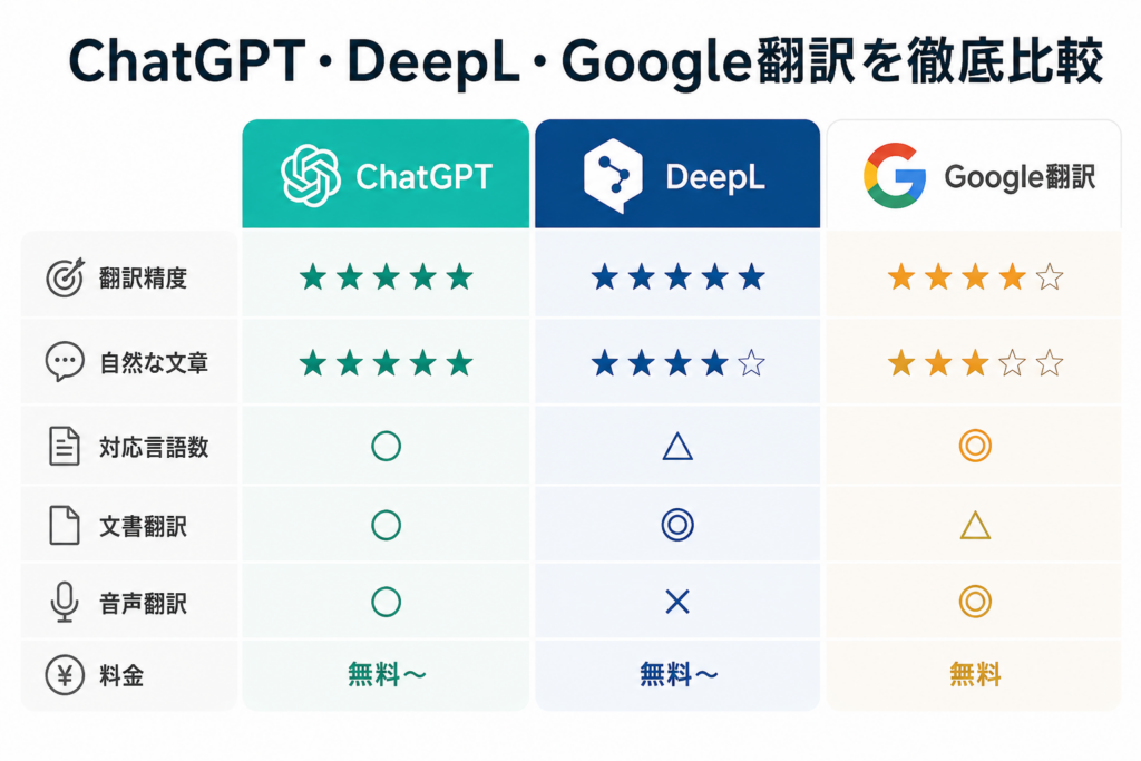 ChatGPT・DeepL・Google翻訳を徹底比較