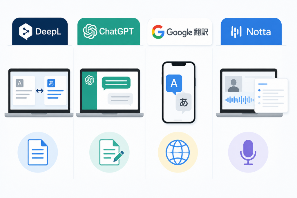 DeepL AI翻訳をChatGPT・Google翻訳・Nottaと比較